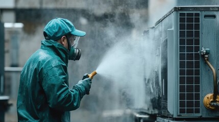 Naklejka premium Professional Technician Cleaning Air Conditioning Unit with Spray Wand and Protective Gear in Outdoor Industrial Environment During Maintenance Procedure