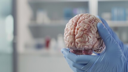 Close-Up of Human Brain Model with Evident Damage - Symbolizing Brain Injury, Set in a Medical Laboratory with a Blurred, Soft-Focused Background