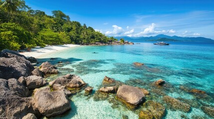 Tranquil Tropical Beach with Crystal Clear Waters and Lush Greenery Under a Bright Blue Sky on a Sunny Day