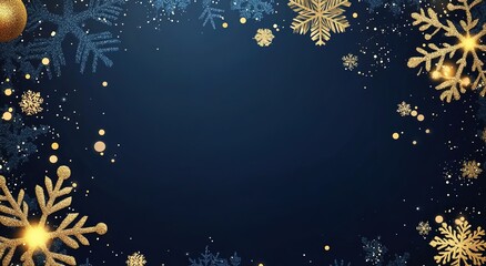 Fototapeta premium A dark blue background with golden snowflakes and lights, creating an elegant atmosphere for a Christmas or New Year promotion