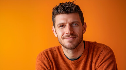 Obraz premium happy, studio portrait of a man in his 30s, front mugshot, looking at the camera, facing the camera straight ahead, random clothes. orange style. horizontal composition