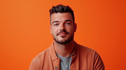 Fototapeta premium happy, studio portrait of a man in his 30s, front mugshot, looking at the camera, facing the camera straight ahead, random clothes. orange style. horizontal composition