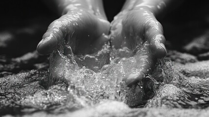 Hands cupping water, creating ripples in a serene, monochrome scene.