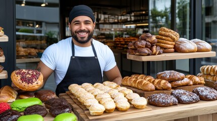 Man is smiling and standing behind a counter with a variety of pastries, including donuts and croissants