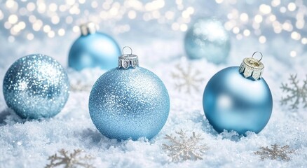 Christmas background with blue Christmas ornaments and snowflakes on a light pastel background.