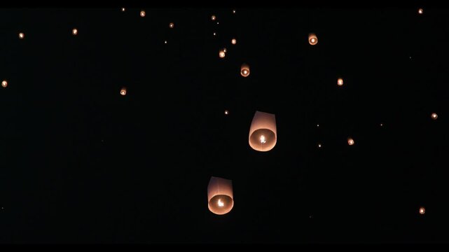 Asian fire lanterns launching during festival yee peng festival. Loy Krathong celebration, Chiang Mai, Thailand