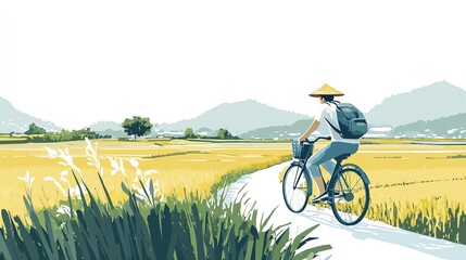 a 2D cartoon illustration of a tourist riding a bicycle through rice paddies, peaceful and adventurous, white background--ar 16:9