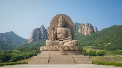 Majestic Stone Buddha Statue Surrounded by Lush Green Mountains in Bright Blue Sky, Representing Peace, Serenity, and Spiritual Enlightenment in Nature's Embrace