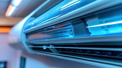 Close-Up View of Modern Air Conditioning Unit with Blue Illumination Highlighting Technology and Sophisticated Design in a Contemporary Indoor Setting