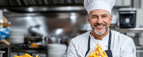 Smiling chef holding a bag of fries. Concept of happiness and satisfaction, as the chef is proud of his work and is enjoying his meal
