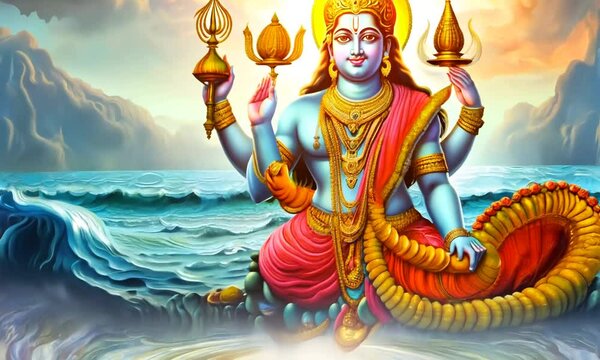 A vibrant depiction of a divine figure with multiple arms, seated on a serpent amidst waves in a serene ocean setting