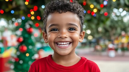 Young boy is smiling and wearing a red shirt. He is standing in front of a Christmas tree