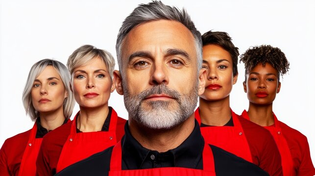 Group of people wearing red aprons are standing together. The man in the middle has a beard and gray hair. The group is posing for a picture