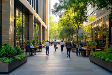 Modern Outdoor Office Walkway with Professionals and Cafes Amidst Urban Greenery