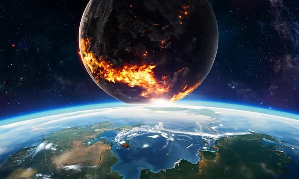 Earth in space with a fiery, partially destroyed planet looming nearby, surrounded by a cosmic environment.