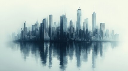 Fototapeta premium Ethereal Cityscape Reflection at Dawn with a Soft Mist Surrounding a Majestic Urban Skyline and Calm Water Surface Enhancing the Beauty of the Scene