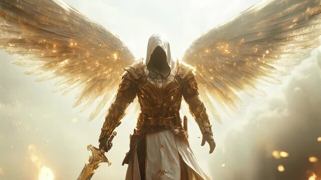 Knight with angel wings in full armor stands with his sword, behind him golden glow and sparks. Middle Ages. Epic graphics for commercial for historical game. Warrior of Light.