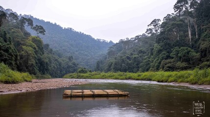Obraz premium Serene River Landscape with a Wooden Raft in the Midst of Lush Green Forests and Mountains Under a Soft Misty Sky