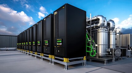 Modern Industrial Data Center with Advanced Cooling Systems and High-Tech Server Racks Under a Clear Blue Sky