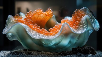 A vibrant glass sculpture resembling coral with bubbles and textures.