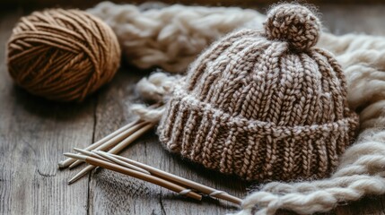 Fototapeta premium Cozy Knitted Hat with Pom Pom and Yarn on Rustic Wooden Table Perfect for Winter Fashion and DIY Craft Projects