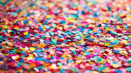 Colorful confetti scattering on a white background, vibrant and cheerful, festive and celebratory, sense of joy and excitement, detailed close-up