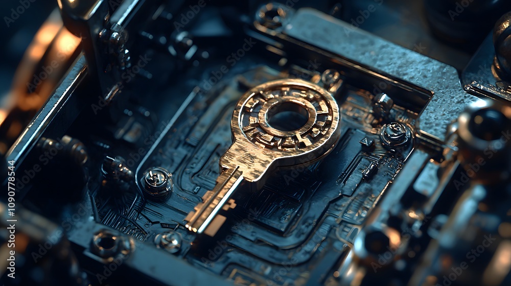 Poster Intricate mechanical key design futuristic technology close-up shot dark environment macro view digital innovation