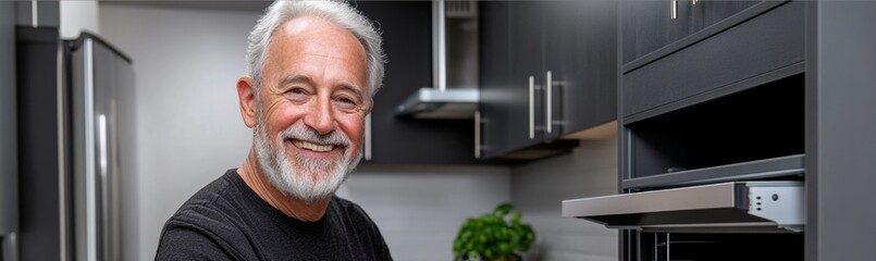 Obraz premium Man with a big smile on his face is standing in front of a kitchen counter. He is wearing a black shirt and he is happy