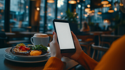 Fototapeta premium In a bright cafe, a woman holds a smartphone showing a blank screen, with a delicious breakfast plate and a cappuccino blurred in the background.