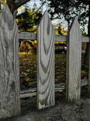 Wooden Gray Planks: Garden Fence with Blurry Tree Background