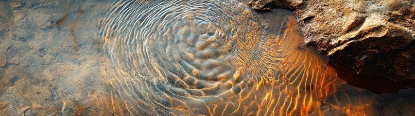 Rippling water surface reflecting light, with a smooth stone on the side, creating a serene natural environment.