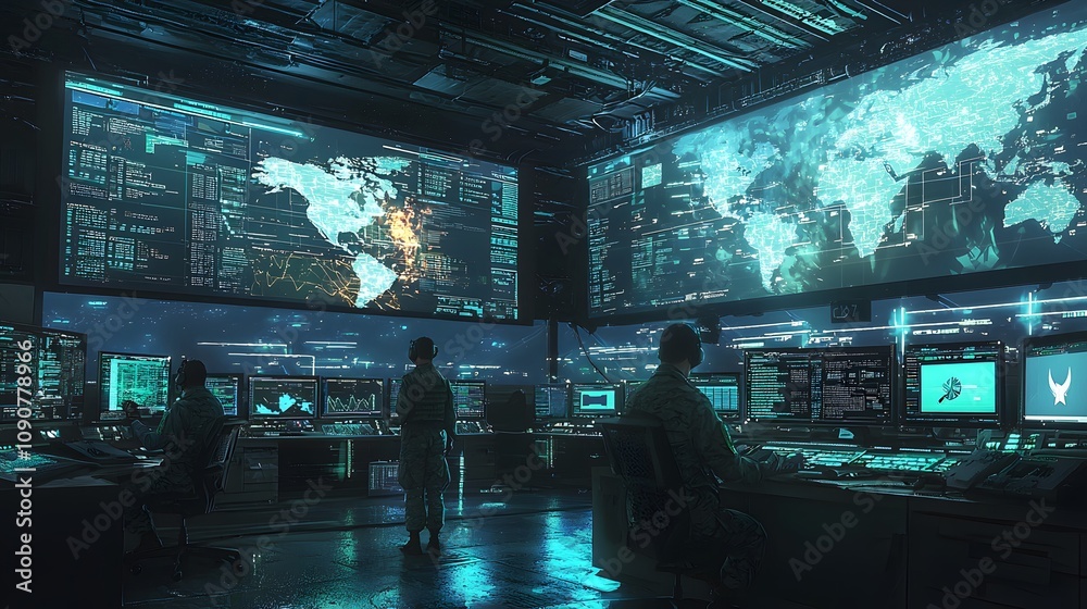 Fototapete Monitoring cybersecurity operations high-tech control room digital environment futuristic perspective data visualization