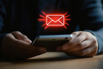 SMS spam, fake text message phishing from scammer concept. System hacked red warning alert, email hack, scam malware spreading virus on message alert virtual on mobile phone screen in person hand