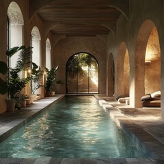 Fototapeta premium Serene indoor pool with natural light, elegant arches, and lush greenery, perfect for relaxation and rejuvenation.