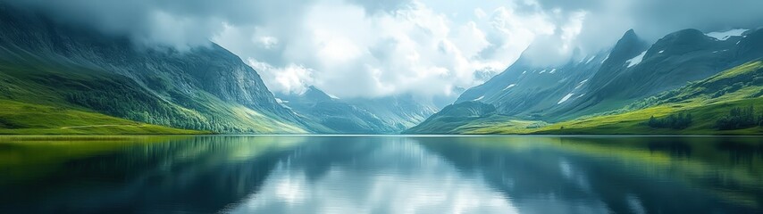 Serene landscape with lush green hills and tranquil lake under a cloudy sky, perfect for nature lovers and tranquil retreats.