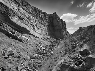 Stunning black and white depiction of a rugged canyon landscape with dramatic cliffs and a rocky pathway under a vast sky.