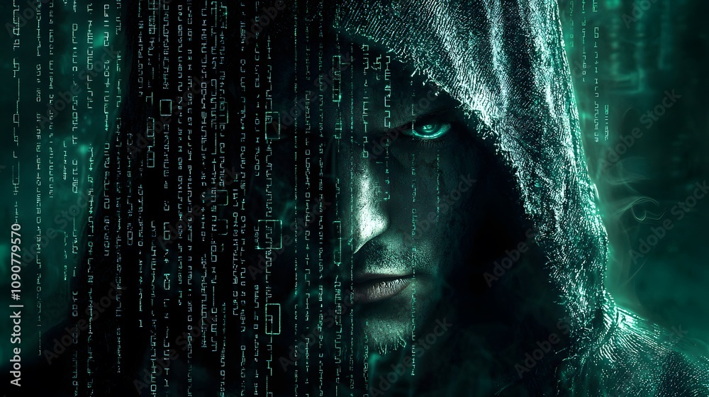 Poster mysterious hacker revealed cyber world digital art dark environment close-up identity exploration