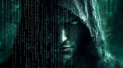 Mysterious hacker revealed cyber world digital art dark environment close-up identity exploration