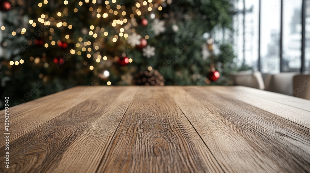 Poster a wooden table with a christmas tree in the background