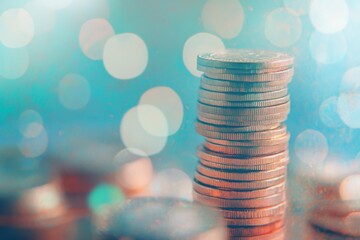 Close-up View of Stacked Coins Glimmering in Soft Focus with Bokeh Effect on Blue Background, Depicting Wealth and Financial Growth Concepts in Contemporary Finance