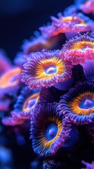 Vibrant coral polyps illuminated in an underwater world, showcasing intricate patterns and bright colors for marine enthusiasts.