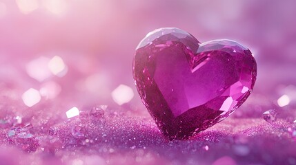 Fototapeta premium Shimmering Pink Heart-Shaped Gemstone on Sparkling Glitter Background for Romantic and Love Themes, Perfect for Valentine's Day or Special Occasions