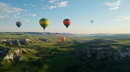 Fototapeta premium Colorful Hot Air Balloons over Scenic Landscape