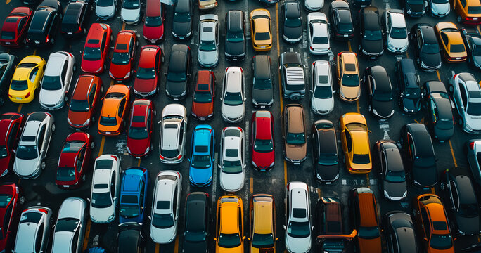 Aerial view of a junkyard filled with crushed and broken cars, highlighting automobile recycling waste disposal and environmental impact in the automotive industry. - Powered by Adobe