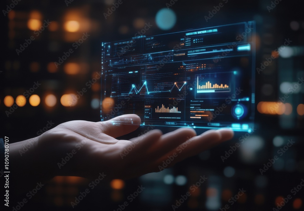 Poster futuristic hand holding transparent digital interface with data graphs and analytics in a high-tech 