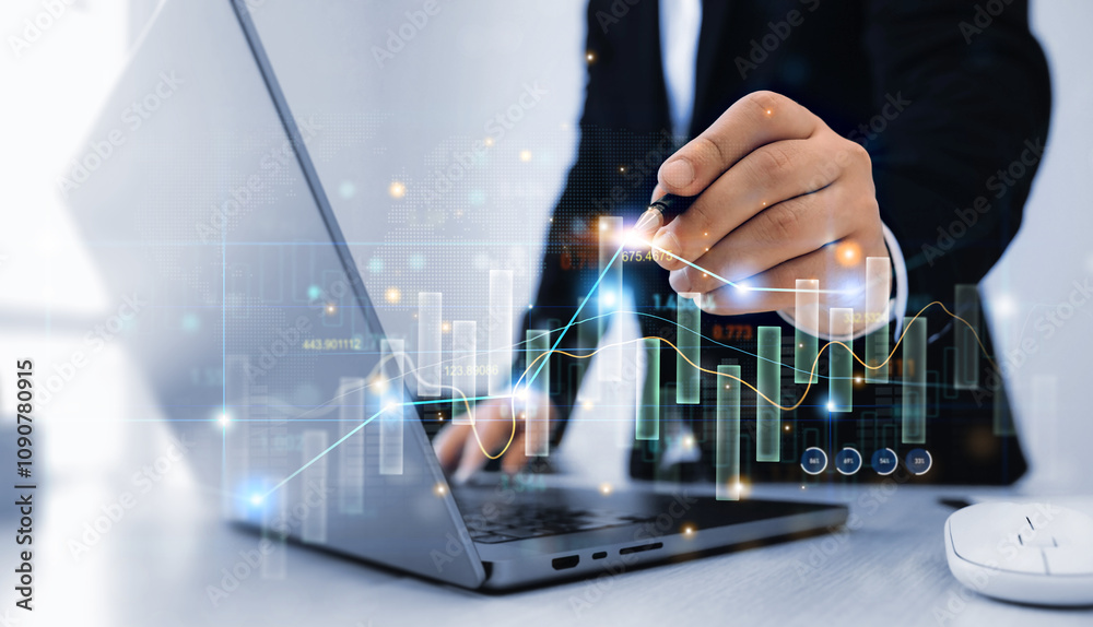 Aufkleber business growth graph chart. businessman using tablet analyzing sales data and financial report.fina