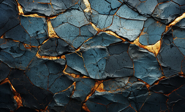 Fondos de texturas de muros de cemento o piedra oscuros y vac&iacute;os. Fondo de piedra negra agrietada con vetas doradas. Vista frontal. Espacio de copia libre.