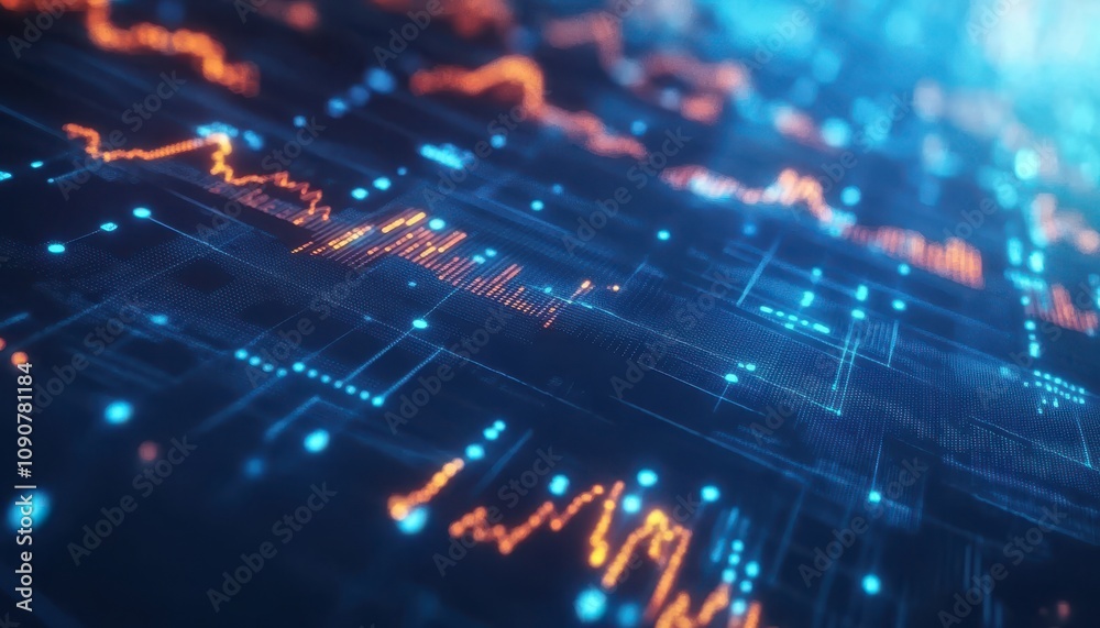 Poster abstract digital data visualization with glowing blue and orange lines, chart patterns, and network 