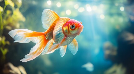 A goldfish with bright orange and white colors glides gracefully in an aquarium. Sunlight filtering through the water creates a serene atmosphere, highlighting the fish's beauty