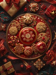 A red plate with a variety of cookies and other decorations on it. The plate is surrounded by a bunch of presents and decorations, giving the impression of a festive and joyful atmosphere